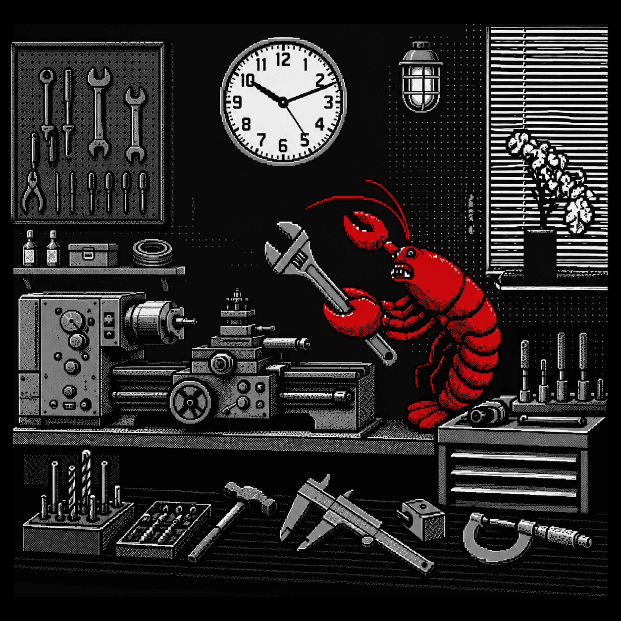 Pixel-art RedClaw lobster tuning a lathe in a workshop